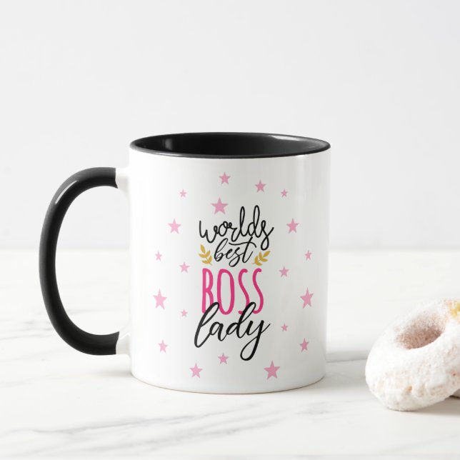 Black pink cute Worlds best boss lady Coffee gift Mug (With Donut)