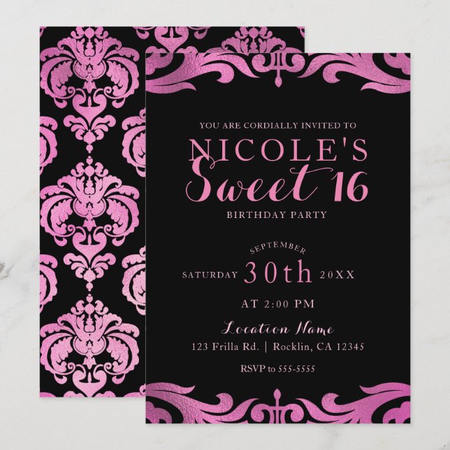 Black & Pink Damask Chic Elegant Sweet 16 Party Invitation (Front/Back)