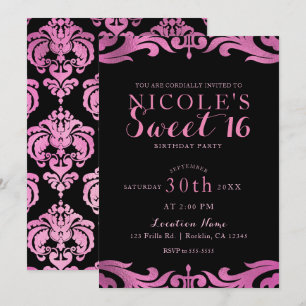 Black & Pink Damask Chic Elegant Sweet 16 Party Invitation