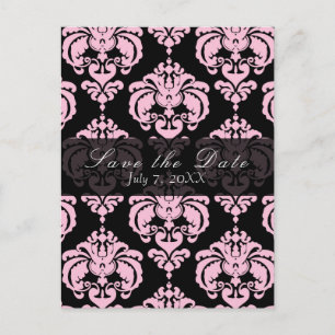 Black & Pink Damask Chic Wedding Save the Date Announcement Postcard