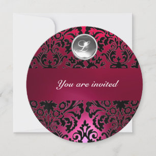BLACK & PINK DAMASK GEM STONE MONOGRAM INVITATION