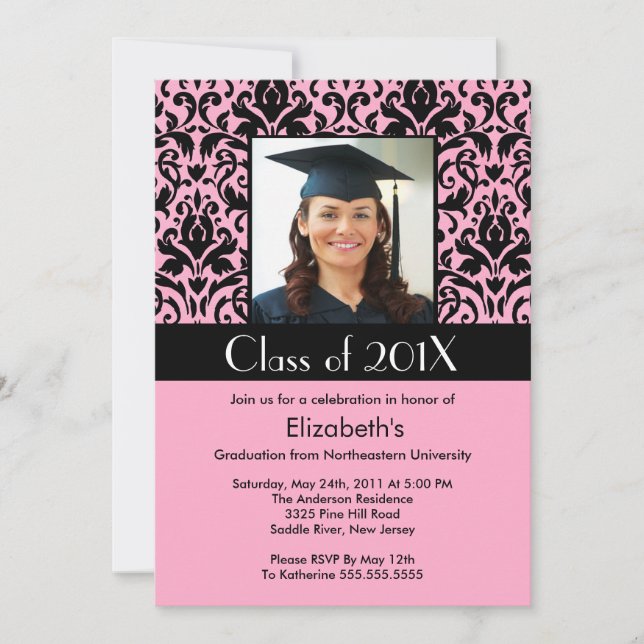 Black Pink Damask Graduation Invitation Photo (Front)