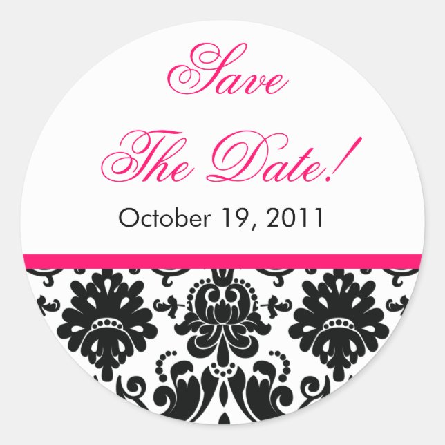 Black & Pink Damask Save the Date Wedding Sticker (Front)