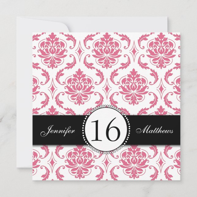 Black Pink Damask Sweet Sixteen Invitations (Front)