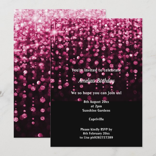 BLACK PINK DIAMOND WATERFALL 2 BIRTHDAY PARTY  INVITATION (Front/Back)