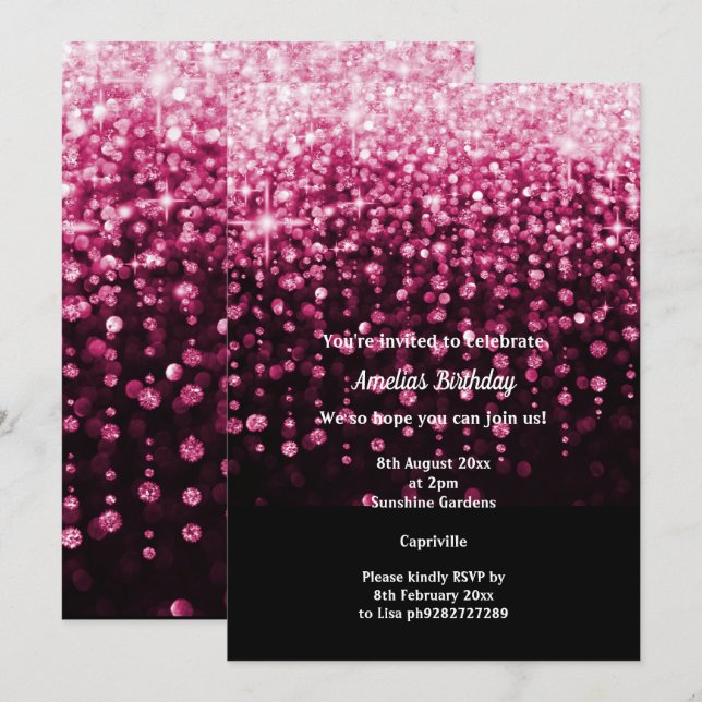 BLACK PINK DIAMOND WATERFALL BIRTHDAY PARTY INVITA INVITATION (Front/Back)