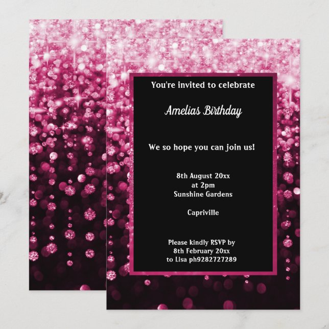 BLACK PINK DIAMOND WATERFALL BIRTHDAY PARTY INVITATION (Front/Back)