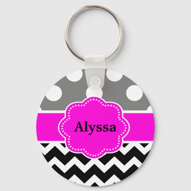 Black Pink Dots Chevron Personalised Key Ring (Front)