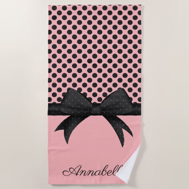 Black Pink Dots & Ribbon Beach Towel (Front)