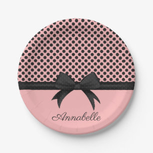 Black Pink Dots & Ribbon Paper Plate
