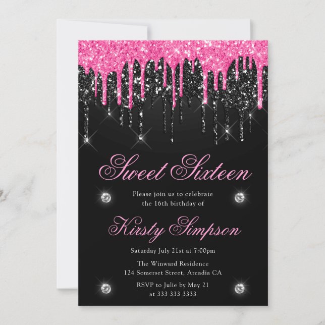 Black & Pink Dripping Glitter Sweet Sixteen Invitation (Front)