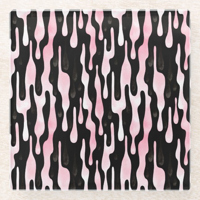 Black Pink Drips Glass Coaster (Front)