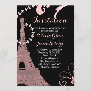 black pink eiffel tower vintage paris wedding invitation