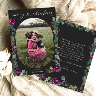 Black & Pink Elegant Boho Photo Merry Christmas Holiday Card