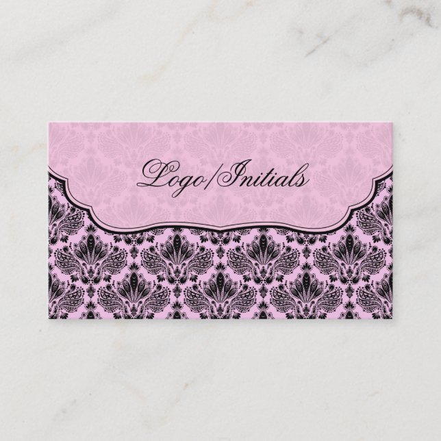 Black & Pink Elegant Retro Floral Damask Business Card (Front)