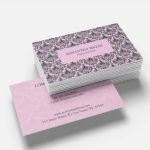 Black & Pink Elegant Vintage Floral Damask Business Card