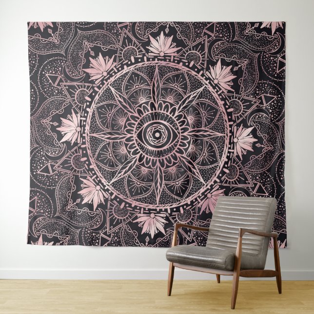 Black Pink Eye Mandala Tapestry (In Situ (Horizontal))