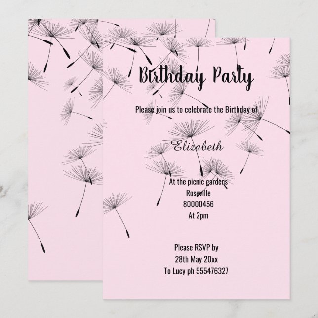 BLACK PINK FALLING DANDELION FLOWER BIRTHDAY INVITATION (Front/Back)