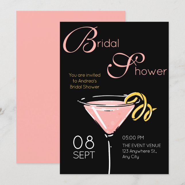 Black pink fancy cocktail bridal shower invitation (Front/Back)