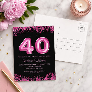 Black Pink Faux Glitter 40th Birthday Party Invitation Postcard