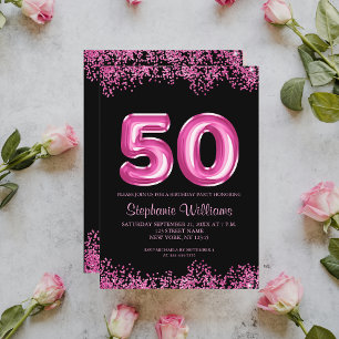 Black Pink Faux Glitter 50th Birthday Party Invitation
