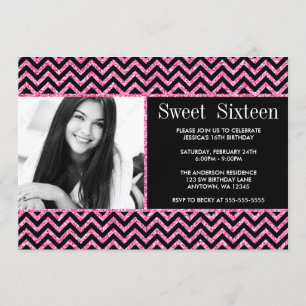 Black Pink Faux Glitter Chevron Sweet 16 Photo Invitation