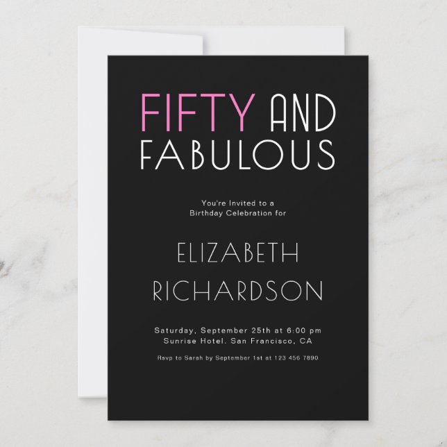 Black Pink Fifty and Fabulous 50th Birthday Party Invitation (Front)