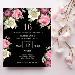 Black & Pink Floral 16th Birthday Invitation<br><div class="desc">Customizable affordable paper 16th birthday invitations featuring pretty watercolour roses,  anemones and clematis on black background. In tones of magenta,  pinks,  purples and creams.</div>