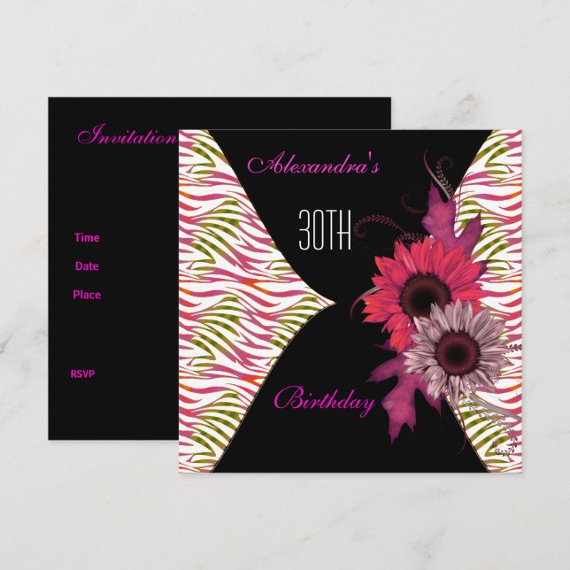 Black Pink Floral 30th Birthday Party Invitation (Front/Back)