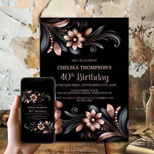 Black Pink Floral 40th Birthday Party Invitation