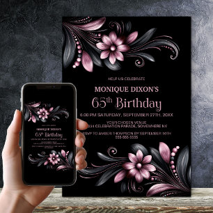 Black Pink Floral 65th Birthday Party Invitation