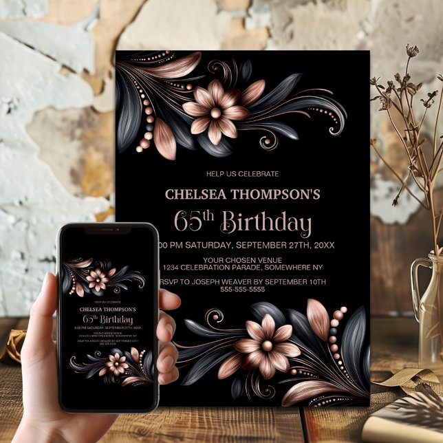 Black Pink Floral 65th Birthday Party Invitation (Creator Uploaded)