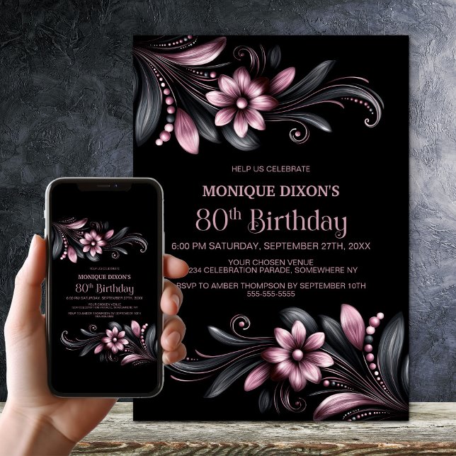 Black Pink Floral 80th Birthday Party Invitation (Creator Uploaded)