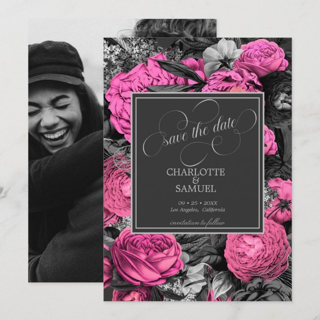 Black Pink Floral | Black and White Photo Wedding Save The Date (Front/Back)