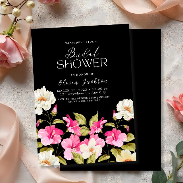 Black pink floral garden flowers Bridal shower Invitation (Creator Uploaded)