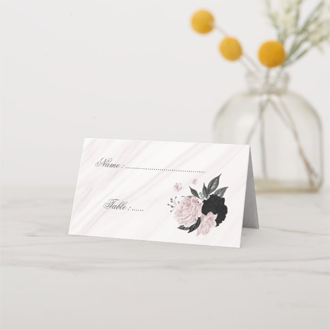 black & pink floral marble place card (Front)