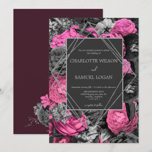 Black Pink Floral Modern Chic Floral Wedding Inv Invitation