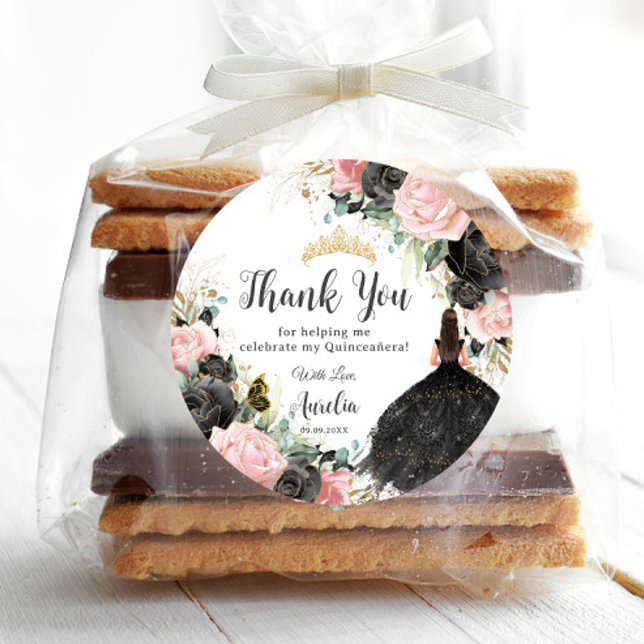 Black Pink Floral Princess Dress Gold Quinceañera Classic Round Sticker (Creator Uploaded)