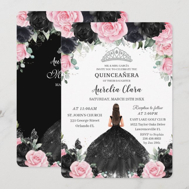 Black Pink Floral Princess Gown Silver Quinceañera Invitation (Front/Back)