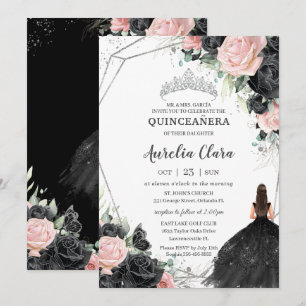 Black Pink Floral Princess Silver Quinceañera Invitation