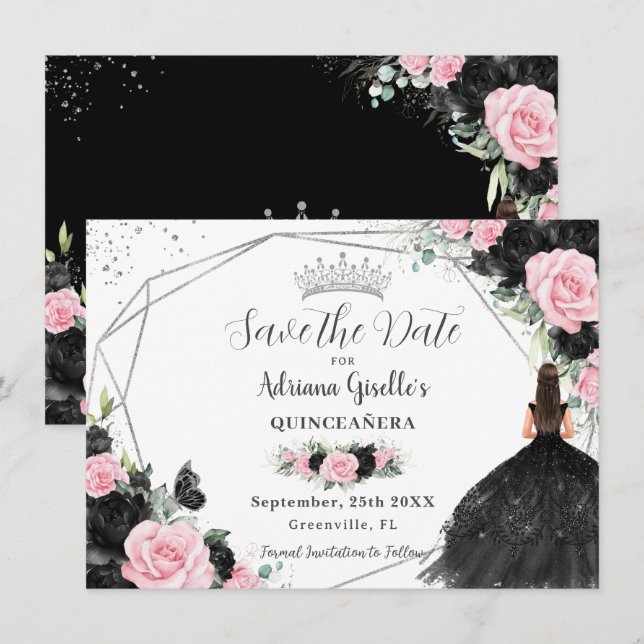 Black Pink Floral Princess Silver Quinceañera Save The Date (Front/Back)