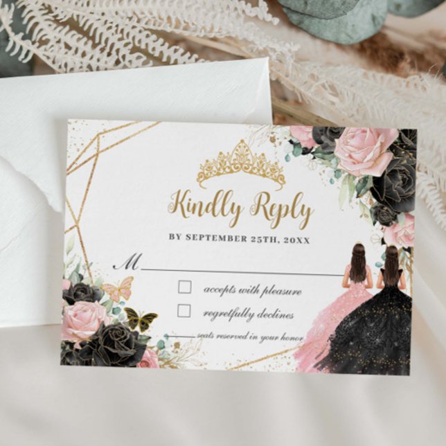 Black Pink Floral Princess Twins Quinceañera Reply RSVP Card (Creator Uploaded)