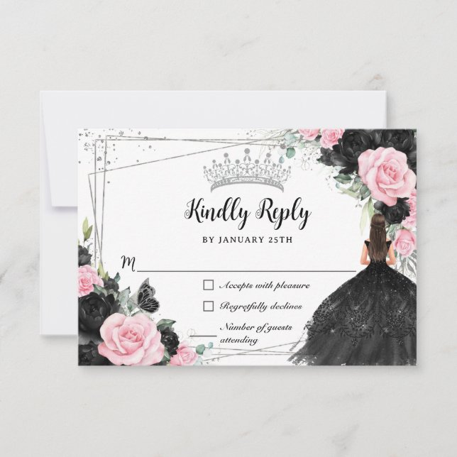 Black Pink Floral Silver Princess Gown Quinceañera RSVP Card (Front)