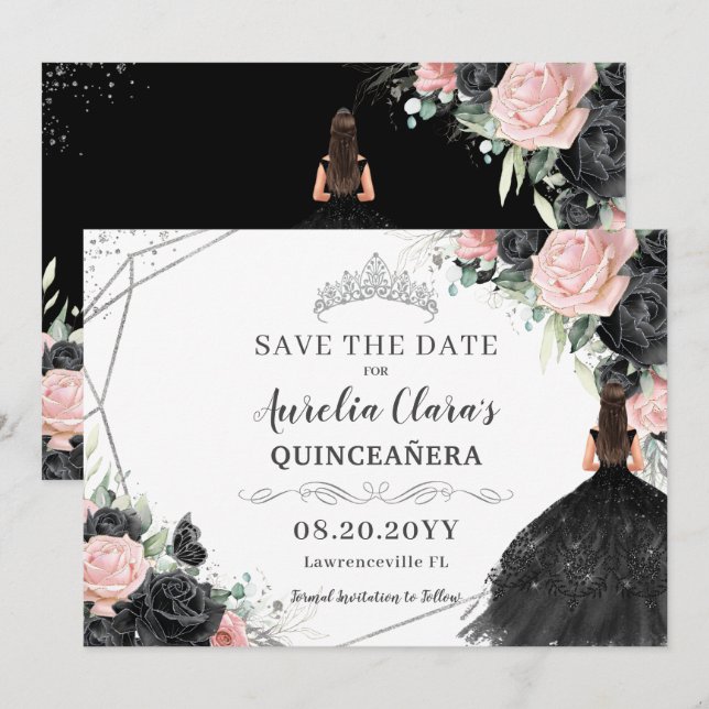 Black Pink Floral Silver Quinceanera XV Sweet 16 Save The Date (Front/Back)