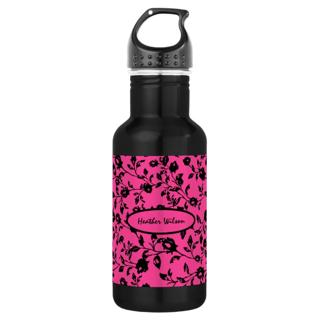 Black Pink Floral Water Bottle with Name (Front)