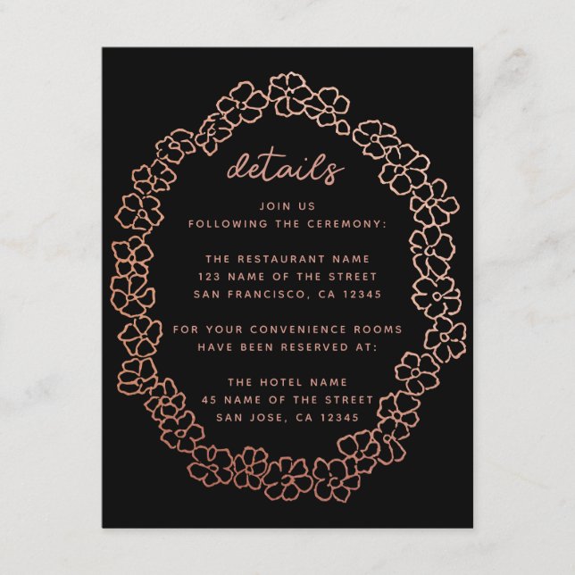 Black Pink Floral Wedding Details Rose Gold Wreath Enclosure Card (Front)