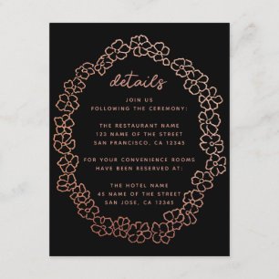 Black Pink Floral Wedding Details Rose Gold Wreath Enclosure Card
