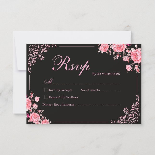 Black & Pink Floral Wedding RSVP Card (Front)