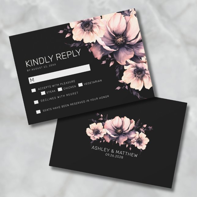 Black Pink Floral Wedding RSVP Card (Black Pink Floral Wedding RSVP Card)