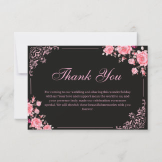 Black & Pink Floral Wedding Thank You Card